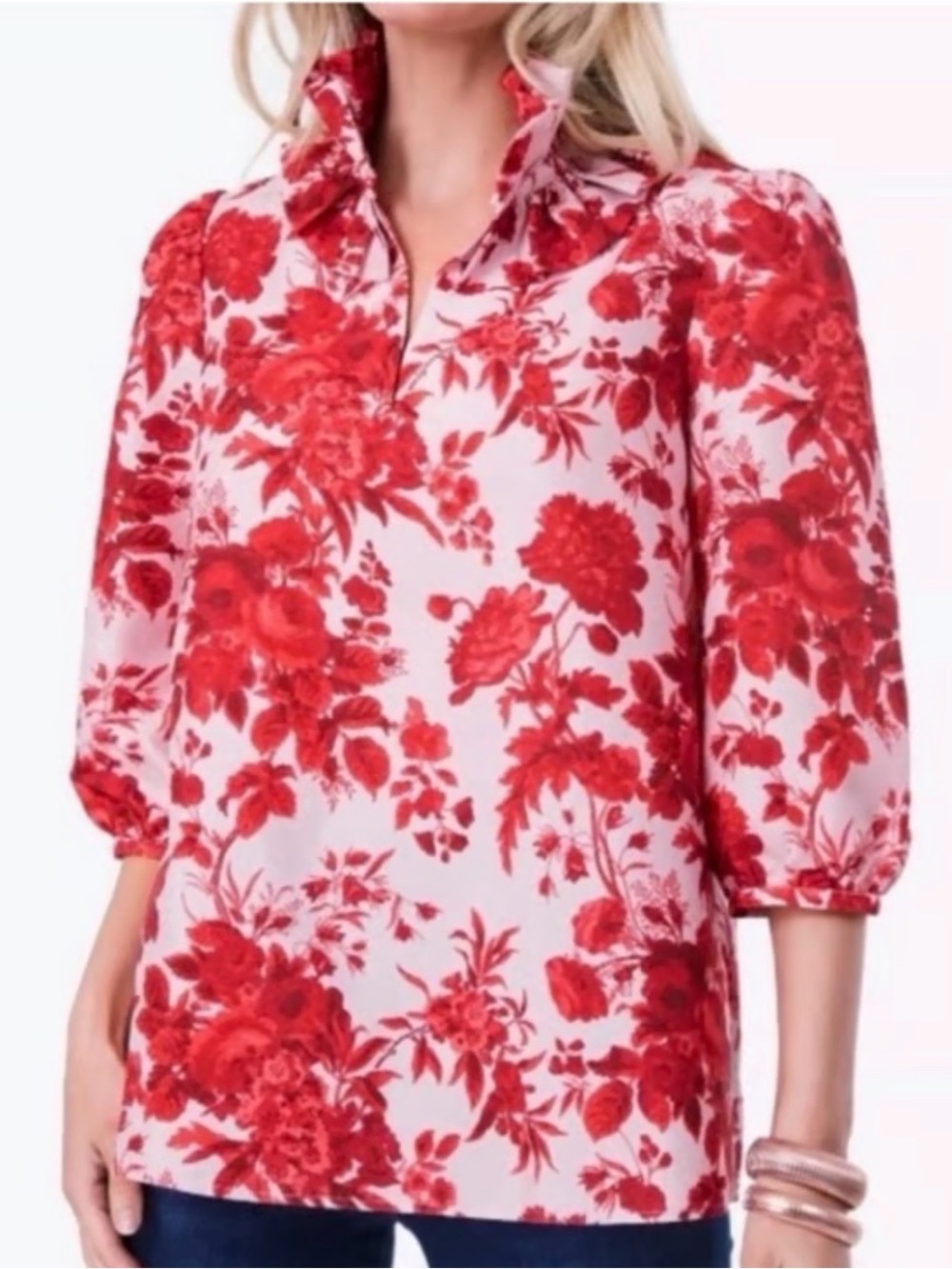 Tuckernuck Red Floral Ruffle-Neck Tunic